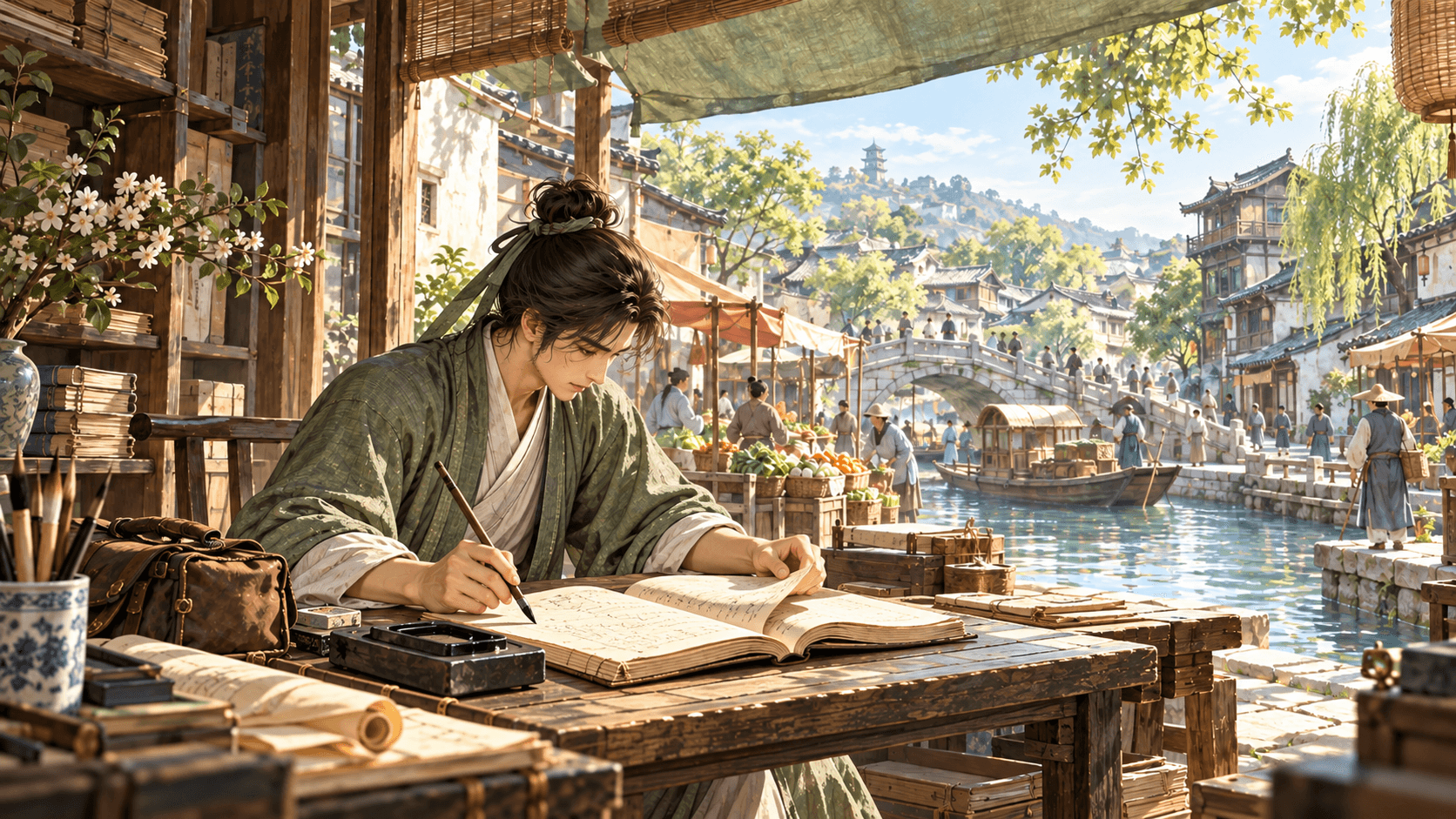 大雍浮生录游戏封面：水乡书案前的书写与翻页