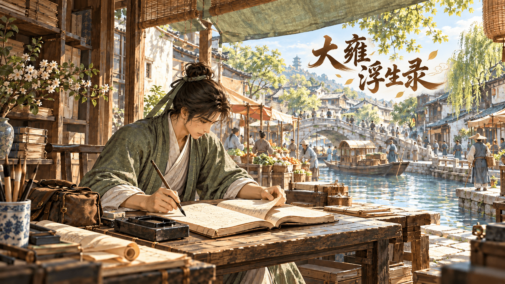 大雍浮生录游戏封面：水乡书案前的书写与翻页