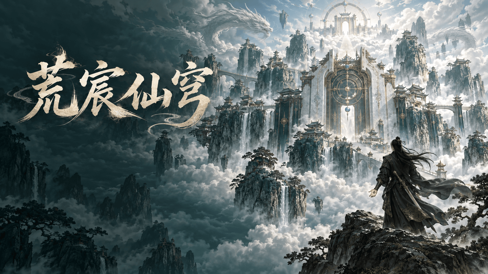 荒宸仙穹游戏封面：云海中的仙山与修行者