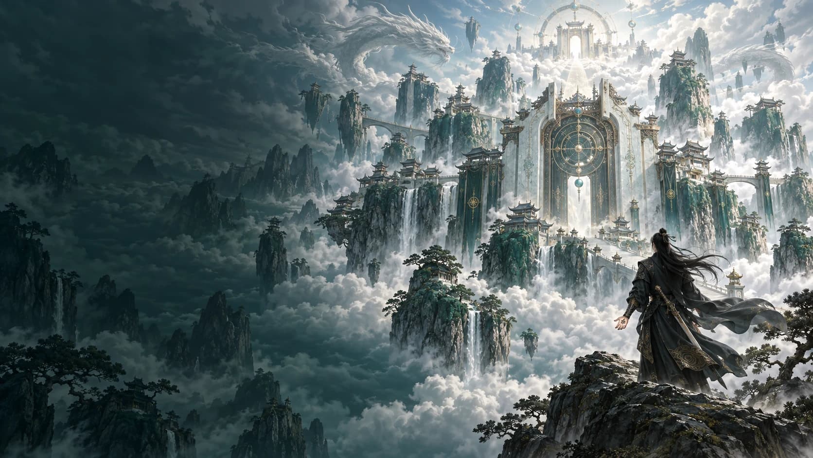 荒宸仙穹题材插画：云海中的仙山与修行者