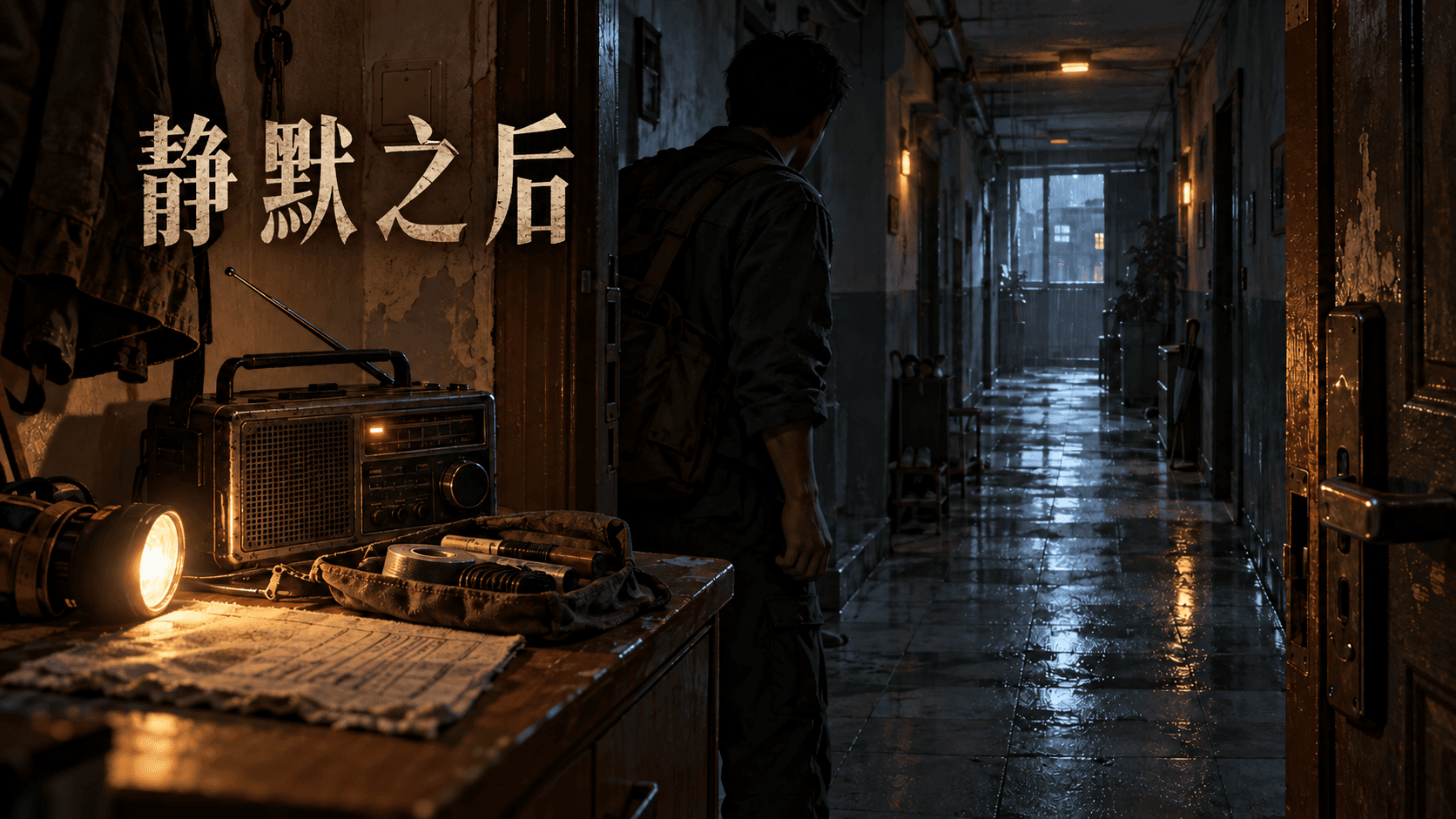 静默之后游戏封面：停电楼道中的邻居与广播设备