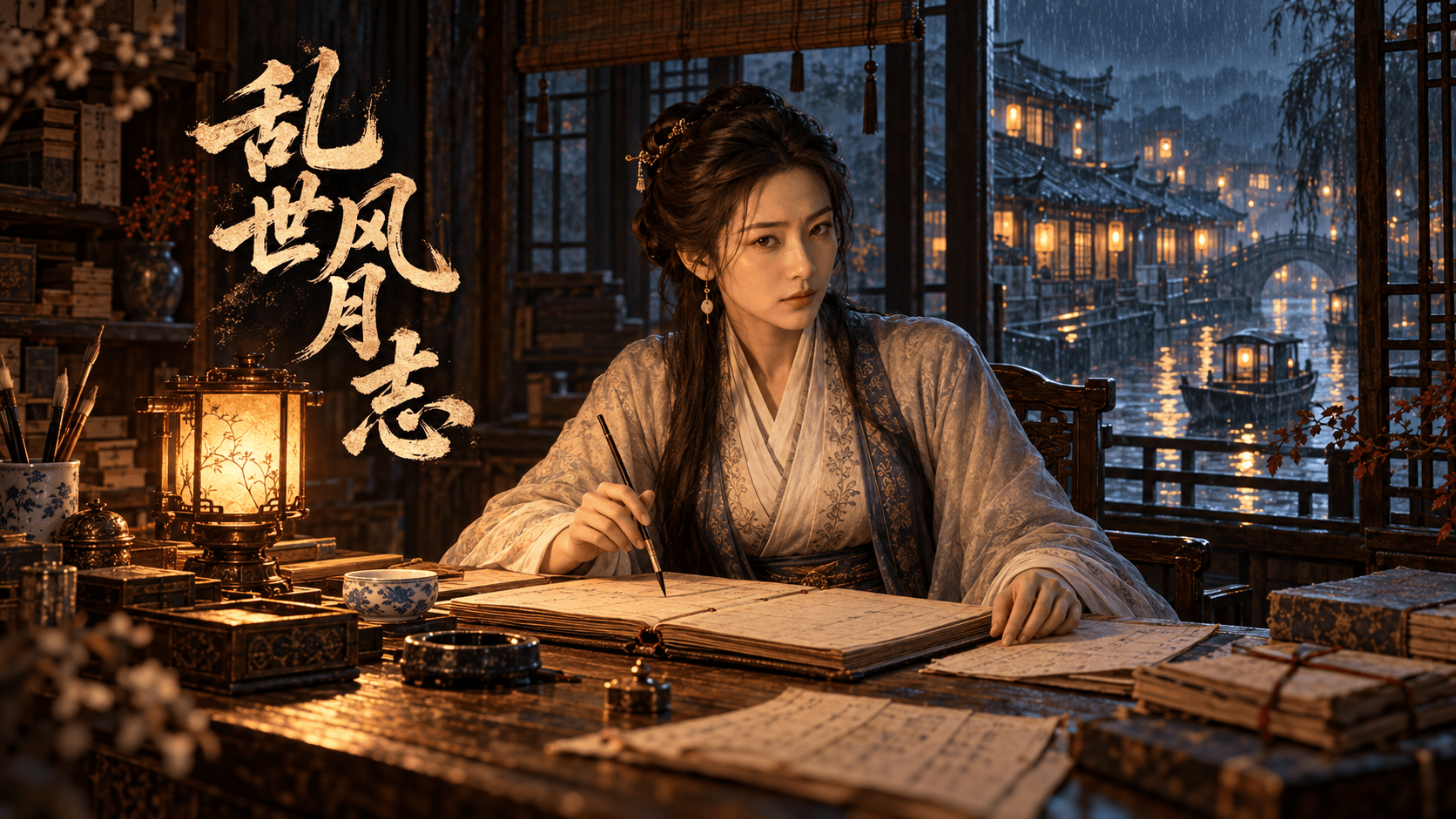 乱世风月志宣传封面：柳绛云在灯下核对旧纸，窗外是雨夜运河；非实机画面