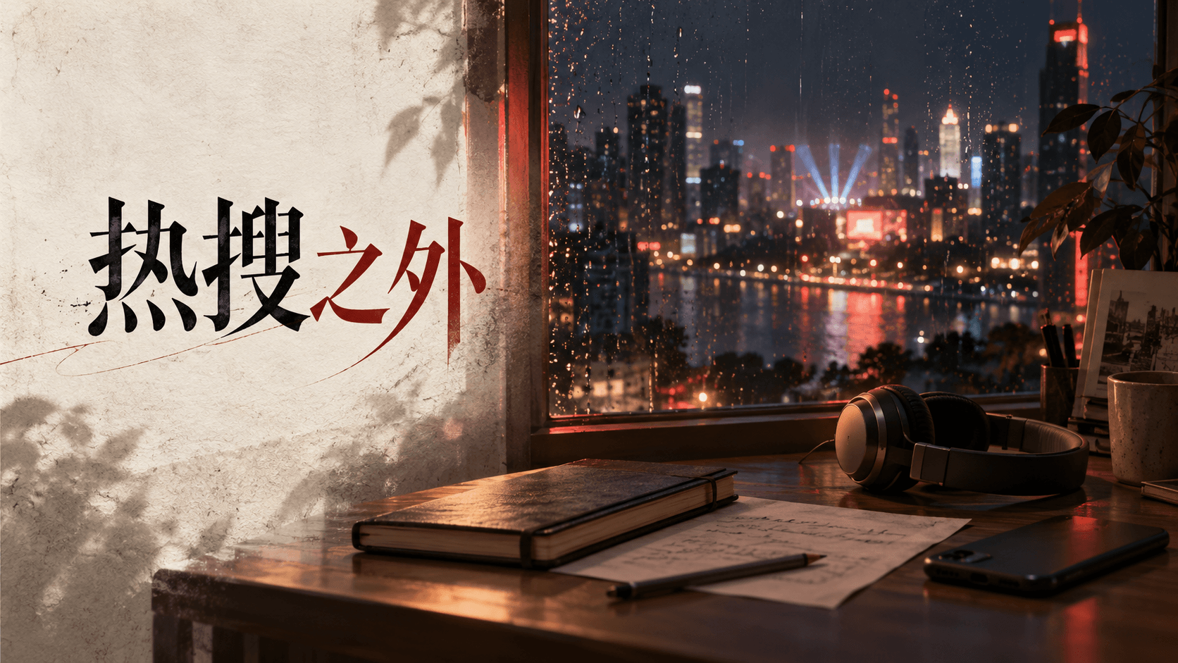 《热搜之外》宣传封面：米白底色的中文标题，雨夜城市窗边的笔记本、耳机与背面朝上的手机。非实机画面。