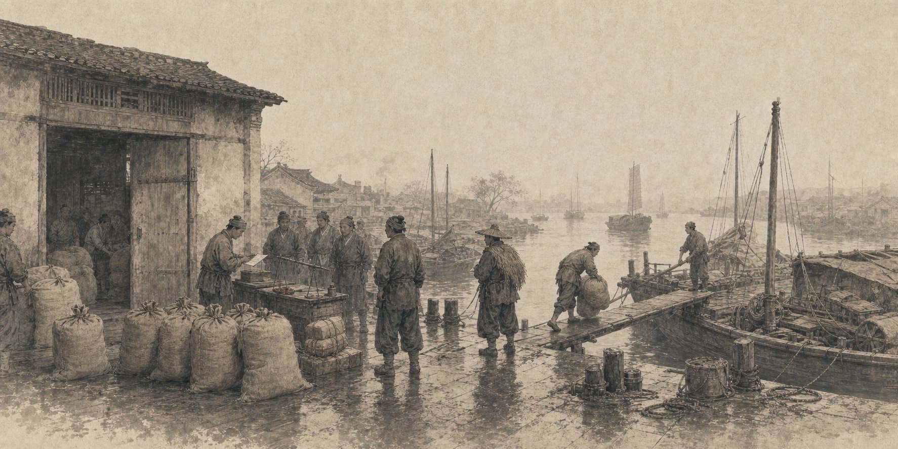 山河争霸场景插画：临清仓埠与运河生计