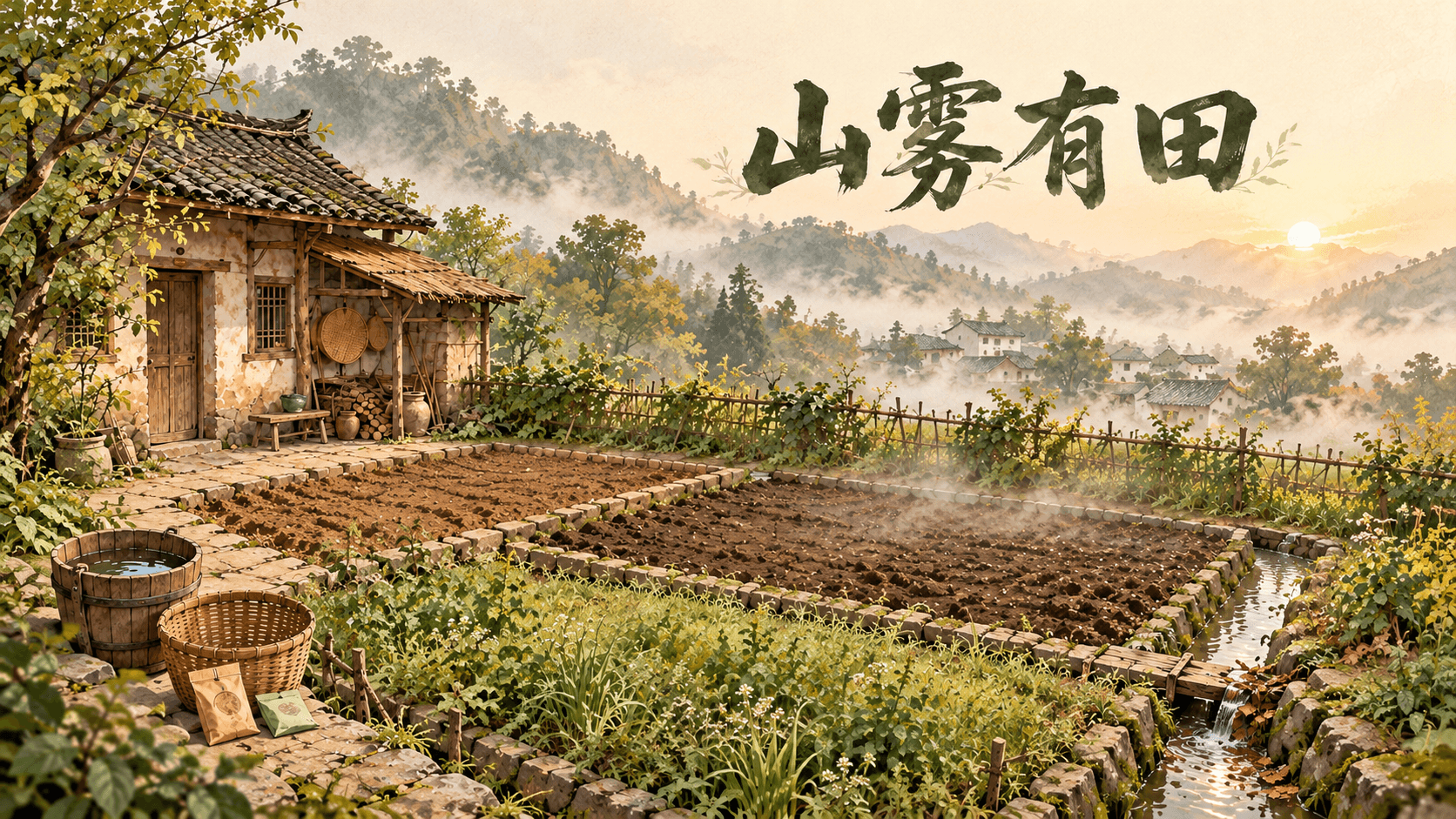 游戏封面：晨雾中的雾溪田舍。