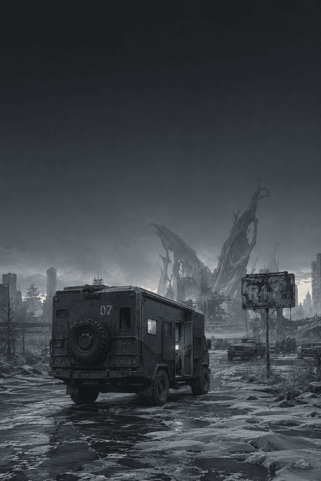 折界余生场景插画：07号房车与R17废墟道路