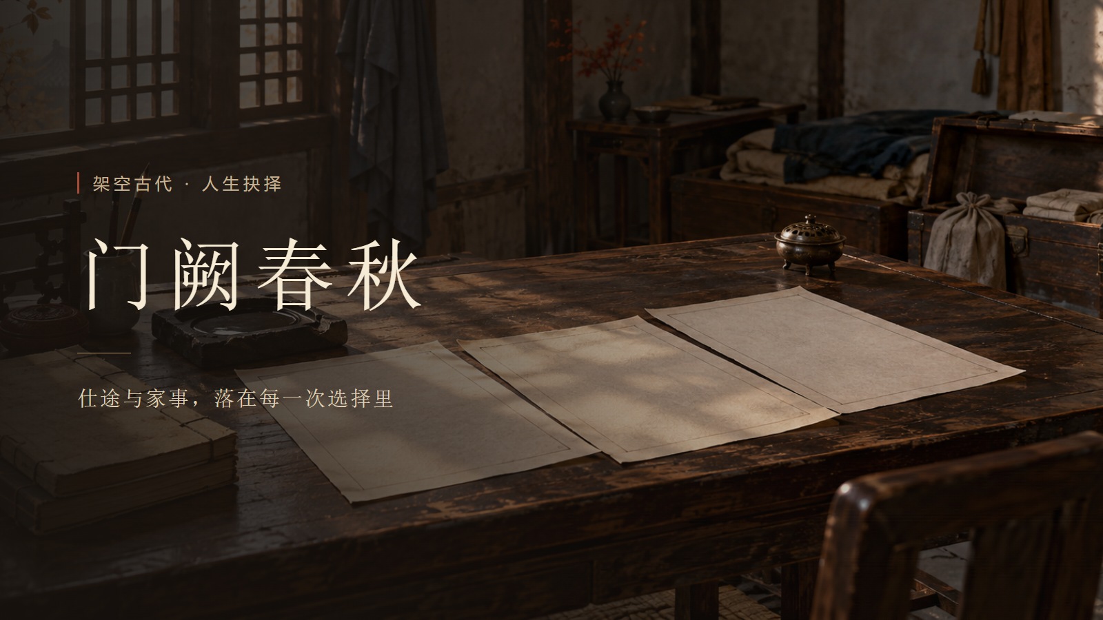 门阙春秋游戏封面：秋窗书案与三封调牒。