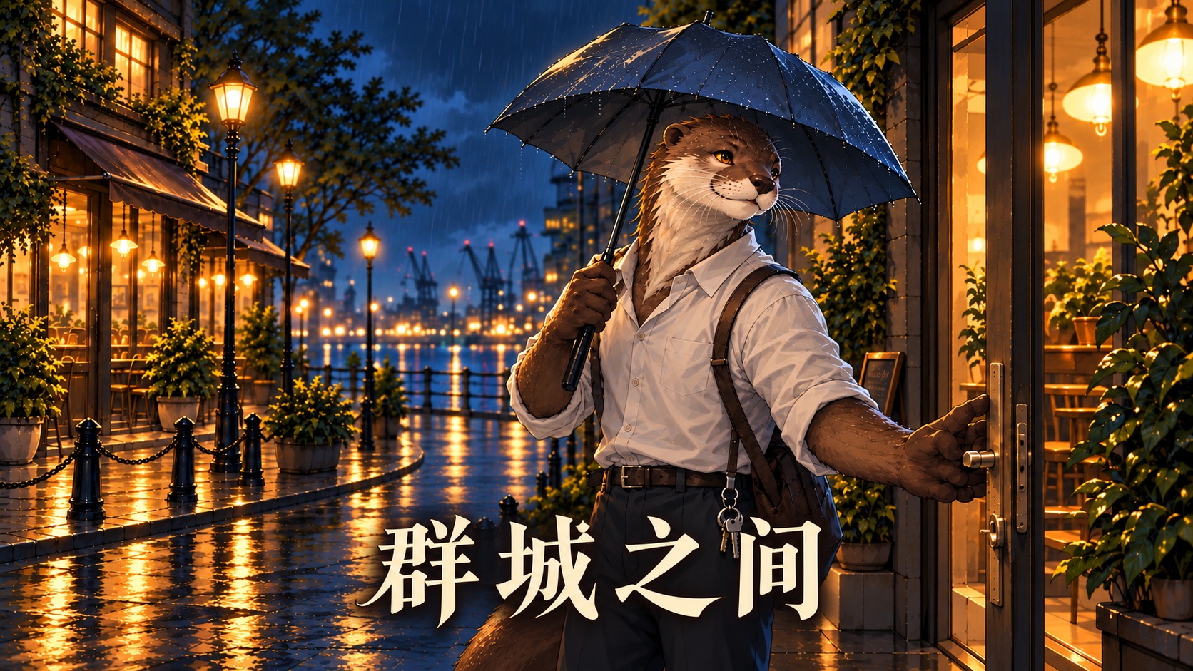 雨夜旧港街道与撑伞的洛安